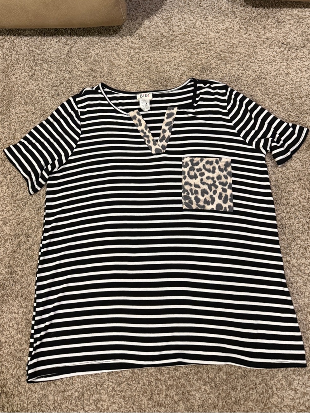 BiBi Black and White Striped Short Sleeve Tee with Leopard Pocket